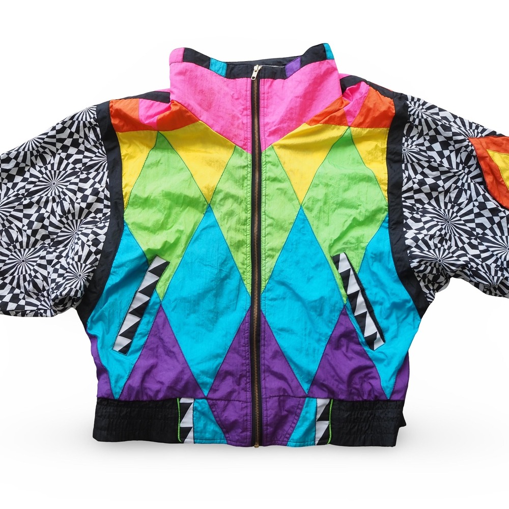 Giacca Sport VTG Windbreaker Jacket Women's S Colorblock Geometric 80s Trippy - Picture 4 of 12